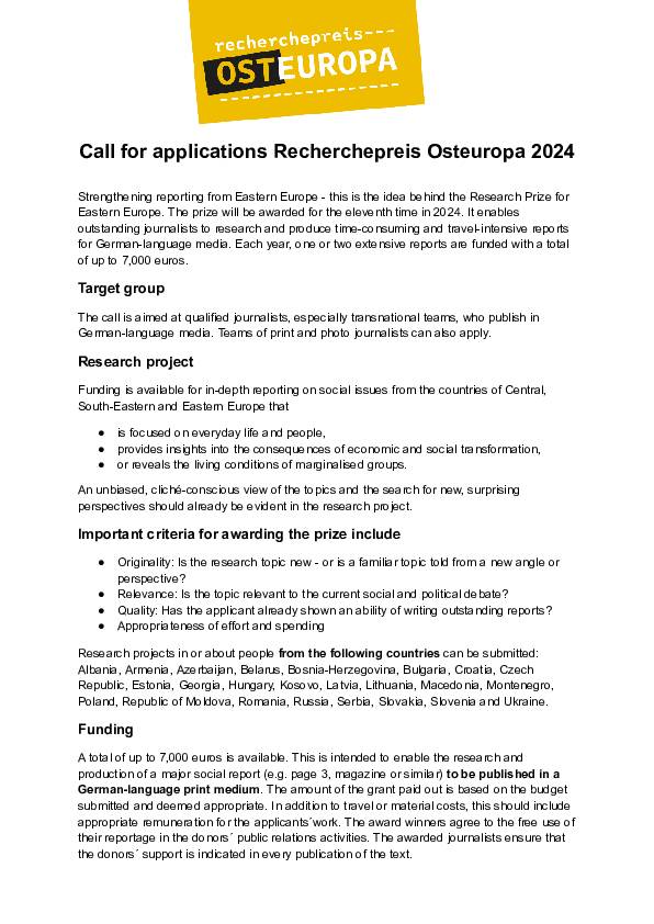 Call for applications Recherchepreis Osteuropa 2024