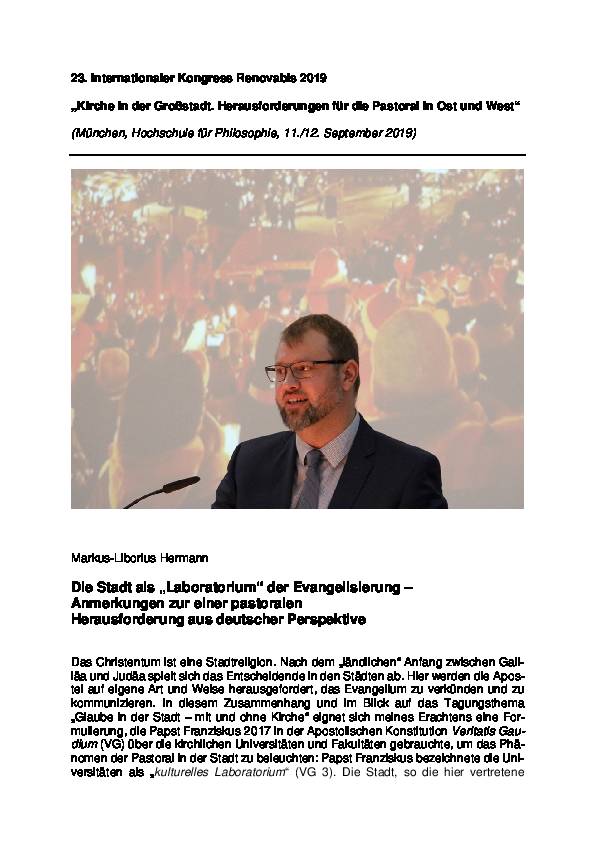Markus-Liborius Hermann: Die Stadt als „Laboratorium“ der Evangelisierung – Anmerkungen zur einer pastoralen Herausforderung aus deutscher Perspektive