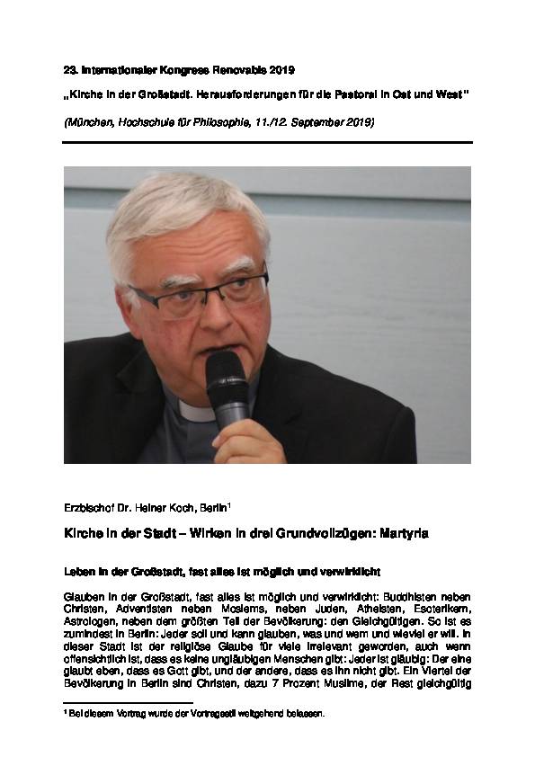 Erzbischof Dr. Heiner Koch: Kirche in der Stadt – Wirken in drei Grundvollzügen: Martyria