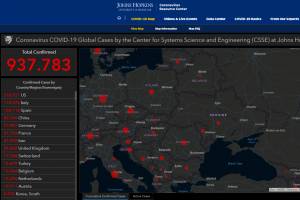 Ausbreitung COVID-19 in Europa, Ausschnitt aus der Karte vom Johns Hopkins Center for Systems Science and Engineering