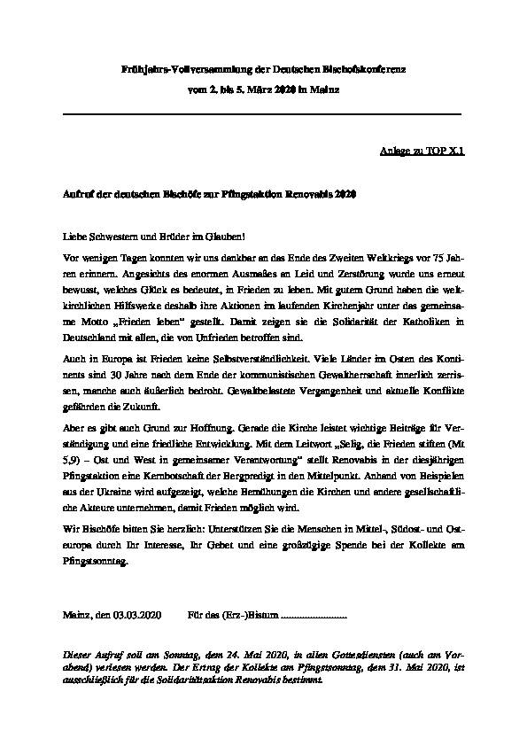 Aufruf Pfingstaktion Renovabis 2020