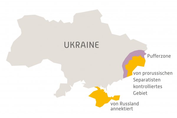 Umrisskarte der Ukraine mit bunt gekennzeichneten Gebieten, die vom Krieg betroffen sind (Pufferzone; von prorussischen Separatisten kontrolliertes Gebiet; von Russland annektiert)
