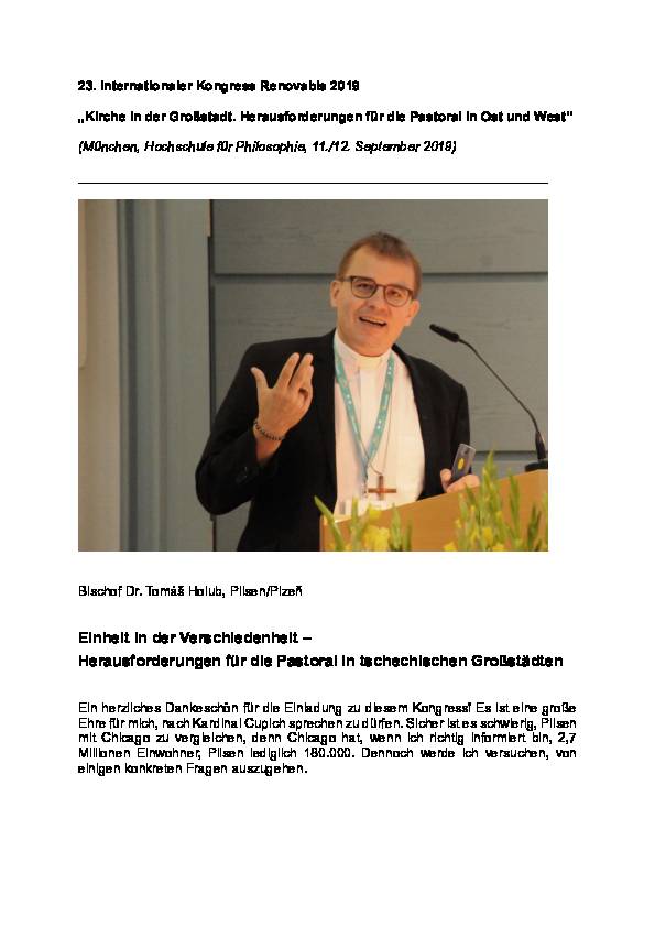 Bischof Dr. Tomáš Holub: Einheit in der Verschiedenheit – Herausforderungen für die Pastoral in tschechischen Großstädten