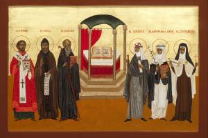 Bild der Renovabis-Ikone mit den sechs Patroninnen und Patronen Europas, die die Künstlerin Hildegard Rall geschrieben hat.