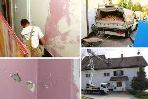 Collage - vier Fotos zur Renovierung des vom Erdbeben beschädigten Kinderheims in Vugrovec.