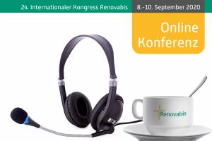 Logo des Online-Kongresses Renovabis 2020 mit Kaffeetasse und Kopfhörern