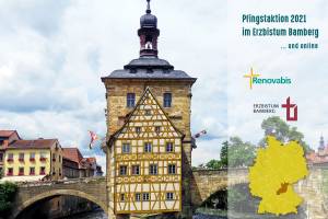 Collage Rathaus der Stadt Bamberg, Bistumskarte und Logos
