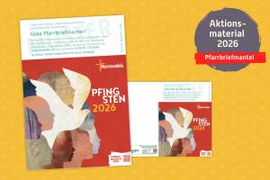 Beispiel-Umschlag mit dem Motiv für den Pfarrbriefmantel 2026 - die Grafik zeigt abstrahierte Gesichter und eine Pfingsttaube, die den Heiligen Geist symbolisiert