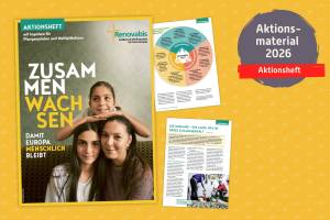 Collage aus dem Cover und zwei Seiten des Aktionsheftes zur Pfingstaktion 2026 von Renovabis