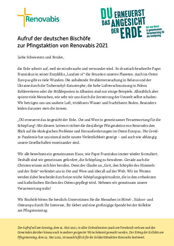 Aufruf der deutschen Bischöfe zur Pfingstaktion von Renovabis 2021