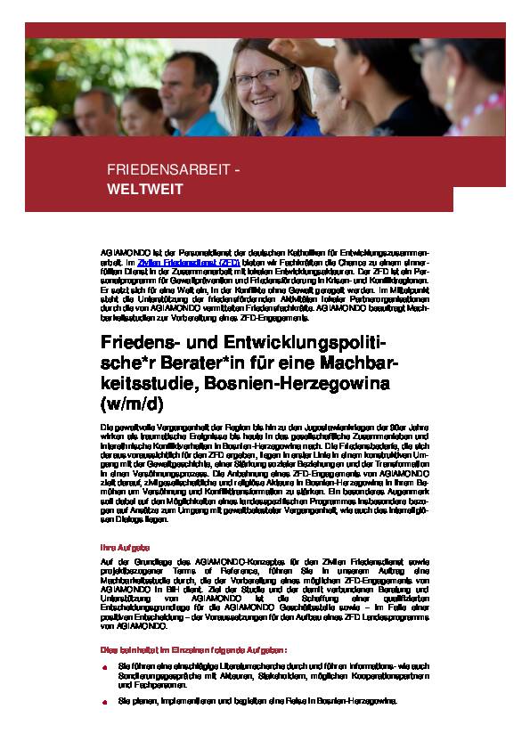 Friedens- und Entwicklungspolitische/r Berater/in für eine Machbarkeitsstudie, Bosnien und Herzegowina (w/m/d)