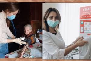Collage: Pflegerin und eine pflegebedürftige ältere Frau, Pflegerin und ein Desinfektionsmittel-Spender