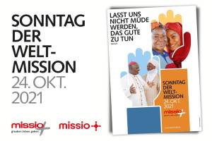 Aktionsplakat zum Sonntag der Weltmission von Missio Aachen und Logos der Missio-Werke.