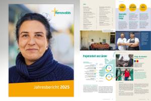 Zu sehen ist das Titelbild und mehrere Innenseiten des Renovabis-Jahresberichts 2025. Das Titelbild zeitg eine Frau, die mit mutigem, starkem Blick in die Kamera schaut. Der Hintergrund ist unscharf, das Renovabis-Logo oben rechts, darunter steht: Jahresbericht 2025 auf einem gelben Balken. Die Innenseiten zeigen Texte, Tabellen und Fotos, darunter Projektbeispiele aus Osteuropa, Porträts von Engagierten sowie eine Übersicht der Finanzen.