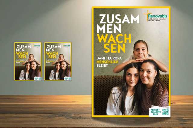 Mädchen mit Schulranzen, Hinweis auf die Pfingstaktion von Renovabis