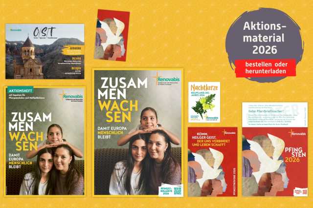 Mädchen mit Schulranzen, Hinweis auf die Pfingstaktion von Renovabis