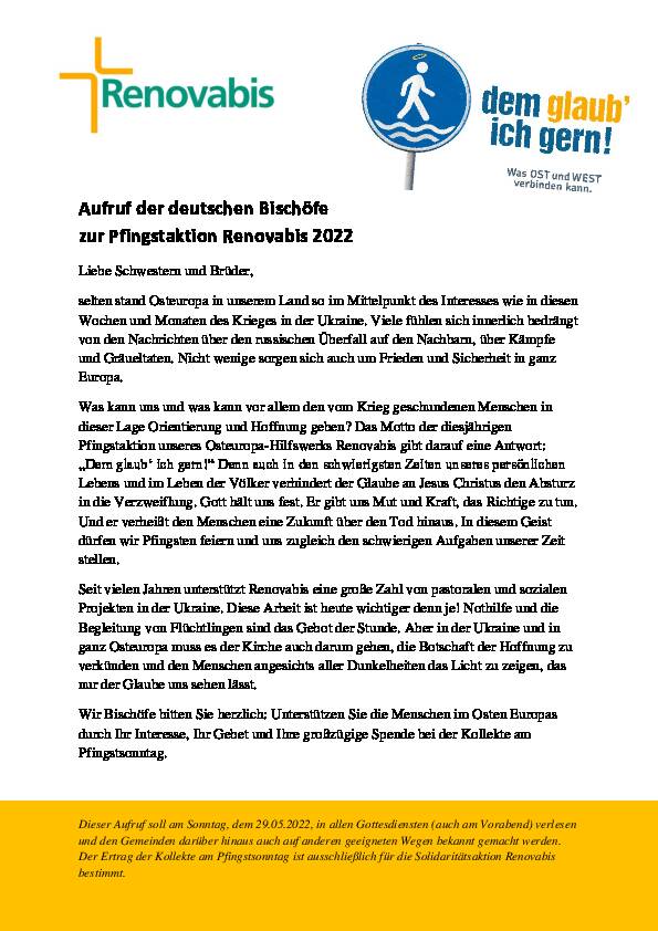 Aufruf der deutschen Bischöfe zur Pfingstaktion Renovabis 2022