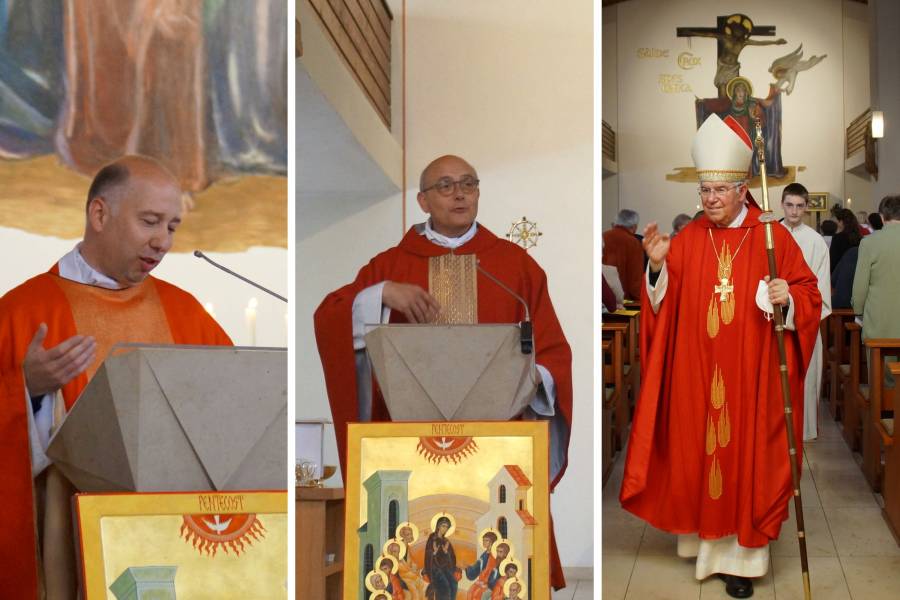 Den Pfingstgottesdienst feierten gemeinsam mit den Gläubigen v.l.n.r.: Pfarrer Andreas Schweimer, Renovabis-Hauptgeschäftsführer Prof. Dr. Thomas Schwartz, Weihbischof Prof. Dr. Karlheinz Diez (Hauptzelebrant) sowie Pfarrer Hans Dehm als Seelsorger für Muttersprachliche Gemeinden (nicht im Bild).