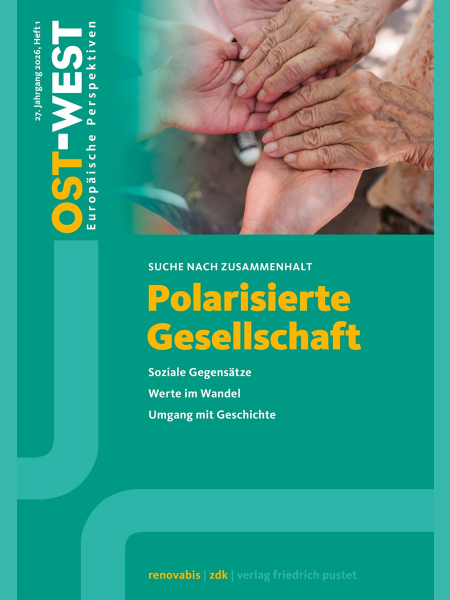 Das Cover das aktuellen Heftes ist in zwei verschiedenen Türkistönen gehalten. Auf Foto in der oberen Hälfte sieht man drei Händepaare. Zwei davon zeigen mit den Handinnenflächen nach oben, beim dritten (offensichtlich von einem älteren Menschen) zeigen die Handrücken nach oben. Alle Hände berühren sich. In der Mitte des Covers steht in Orange der Titel des Heftes (Polarisierte Gesellschaft) geschrieben. Die Oberzeile in Weiß lautet: SUCHE NACH ZUSAMMENHALT. Die drei Unterzeilen (ebenfalls in Weiß) lauten: Soziale Gegensätze, Werte im Wandel und Umgang mit Geschichte. Oben links sieht man das Logo der Zeitschrift und in Weiß Angaben zum aktuellen Jahrgang und der Nummer des aktuellen Heftes. Unten mittig steht in Orange bzw. Türkis geschrieben: renovabis, zdk, verlag friedrich pustet.
