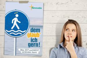 Aktionsmotto der Pfingstaktion von Renovabis, daneben eine fragend schauende Frau