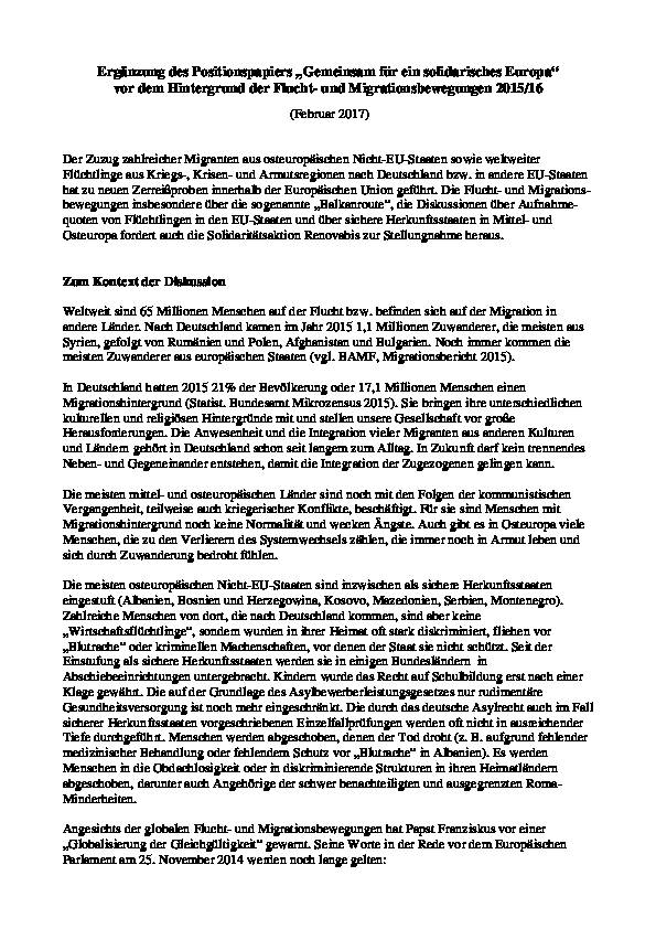 Ergänzung des Positionspapiers „Gemeinsam für ein solidarisches Europa“ (Februar 2017)