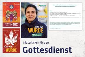 Das Bild zeigt eine Auswahl von Materialien zur Renovabis-Pfingstaktion 2025 für den Gottesdienst. Links sind drei farbige Broschüren abgebildet:
Oben eine mit dem Titel „Öffne mein Herz", darunter die Pfingstnovene mit einer weißen Taube und dem Titel „Pfingstnovene 2025 – Voll der Würde“. In der Mitte ist das Aktionsheft mit dem Titel „Voll der Würde. Menschen stärken im Osten Europas“ zu sehen. Rechts ist eine Textseite mit dem Titel „Elemente für Eucharistiefeiern und Wort-Gottes-Feiern im Rahmen der Renovabis-Pfingstaktion 2025“ abgebildet.
Darunter steht: „Materialien für den Gottesdienst“ auf hellem Holz-Hintergrund.