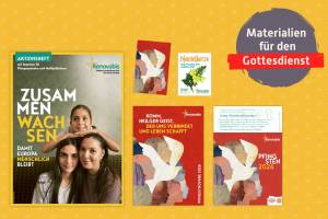 Das Bild zeigt eine Auswahl von Materialien zur Renovabis-Pfingstaktion 2026 für den Gottesdienst.
