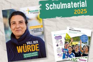 Collage zum Renovabis-Schulmaterial 2025. Es zeigt das Aktionsplakat von Renovabis. Darauf ist eine 56jährige Roma-Frau aus Bulgarien zu sehen, die einen dunkelblauen Strickpullover trägt. Daneben sind das Coverbild und eine Beispiel-Seite des Unterrichtsmaterial zum Thema Menschenwürde zu sehen..