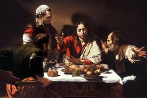 Gemälde des Künstlers Caravaggio mit dem Titel Abendmahl in Emmaus (um 1601)