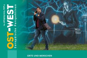 Ausschnitt aus dem Cover der aktuellen Ausgabe von OWEP „Auf den Spuren großer Namen". Es zeigt einen Passanten im kroatischen Osijek vor einem Wandgemälde mit einer Darstellung des Erfinders Nikola Tesla.