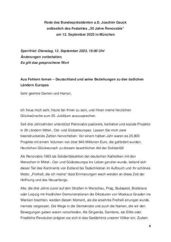 Bundespräsident a.D. Joachim Gauck – Rede zum Festakt anläßlich 30 Jahre Renovabis