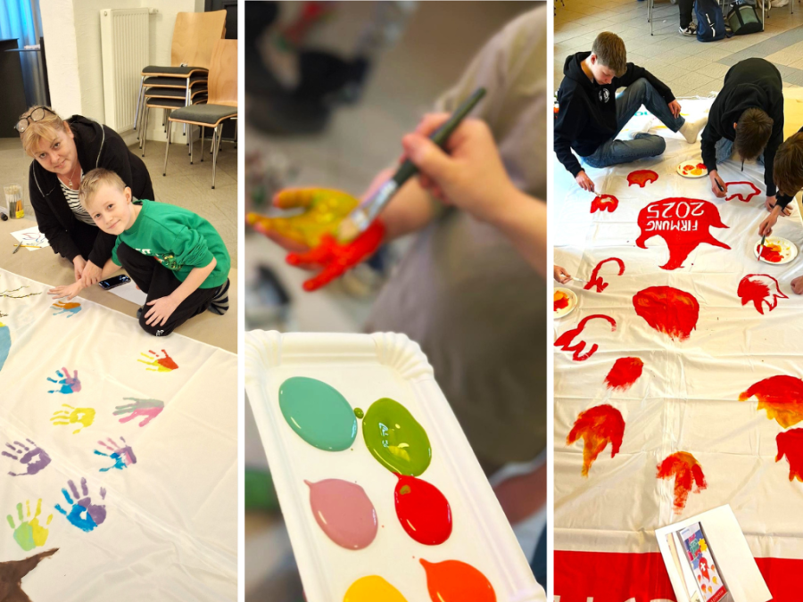 Collage aus drei Fotos: links und rechts sind Kinder zu sehen, die die Pfingstfahne bemalen. Das Bild in der Mitte zeigt die Nahaufnahme einer Farbpalette.