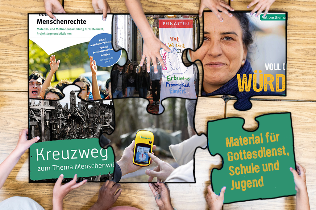 Collage aus Regal mit Akten und Kartons und den Wörtern Liturgie, Gottesdienst, Schule