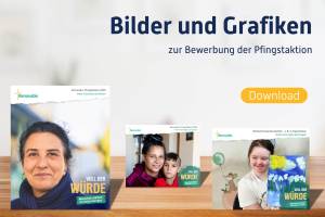 Auf einer tischähnlichen Fläche sind3 Sharepics zur Renovabis-Pfingstaktion 2025 angeordnet. Alle Bilder tragen das Renovabis-Logo, den Schriftzug „Renovabis-Pfingstaktion 2025“ und den Slogan „Voll der Würde. Menschen stärken im Osten Europas.“ Darüber steht "Bilder und Grafiken zur Bewerbung der Pfingstaktion" sowie "Download"