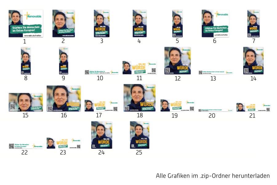 Das Bild zeigt eine Übersicht von 25 verschiedenen Anzeigenmotiven zur Renovabis-Pfingstaktion 2025. Die Anzeigen sind als Miniaturansichten in fünf Reihen angeordnet und jeweils nummeriert.
Auf allen Anzeigen ist das Porträt einer Frau mit dunklem Haar zu sehen, die freundlich in die Kamera blickt. Die Motive variieren in Format, Farbe und Textlayout.
Einige Anzeigen tragen den Slogan „Stärken Sie Menschen im Osten Europas!“, andere den Kampagnentitel „Voll der Würde“. Einige Motive enthalten zusätzlich ein QR-Code-Feld.
Am unteren rechten Bildrand steht der Hinweis: „Alle Grafiken im .zip-Ordner herunterladen“.