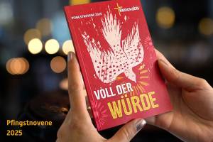 Eine Person hält ein kleines, rotes Heft mit beiden Händen vor einem unscharfen Hintergrund mit warmen Lichtpunkten. Auf dem Heft ist eine stilisierte, weiße Taube mit ausgebreiteten Flügeln abgebildet. Darüber steht in weißen Großbuchstaben: „Pfingstnovene 2025“. Unten auf dem Titel prangt der Schriftzug „Voll der Würde“, wobei „WÜRDE“ in großen gelben Buchstaben hervorgehoben ist. In der oberen rechten Ecke ist das Logo von Renovabis zu sehen. Links im Bild steht in gelber Schrift: „Pfingstnovene 2025“.