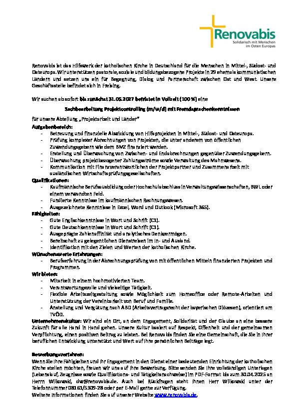 Sachbearbeitung Projektcontrolling (m/w/d) mit Fremdsprachenkenntnissen in Vollzeit