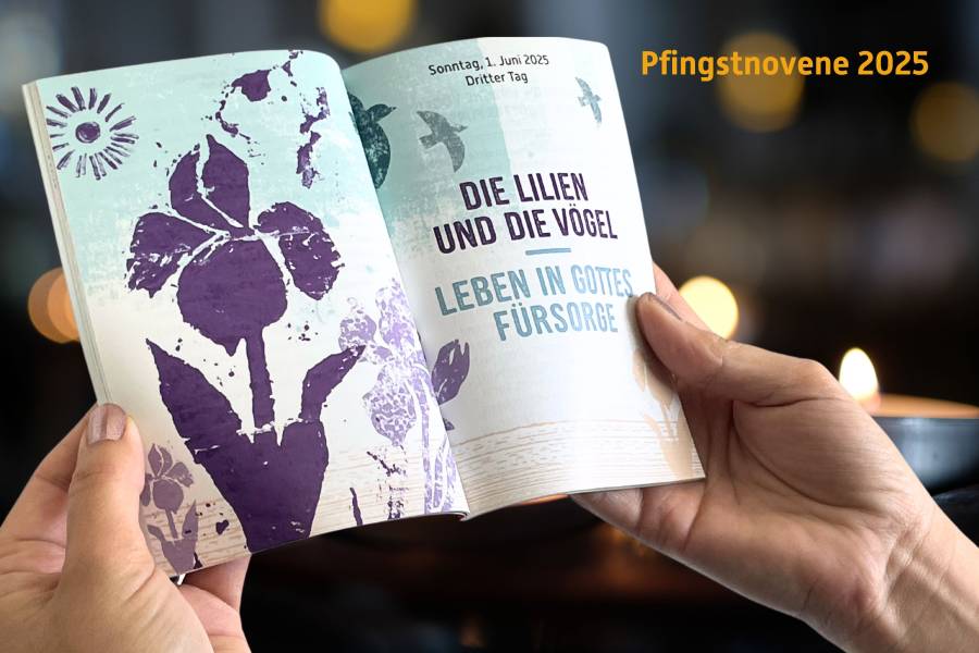 Eine Person hält ein geöffnetes Heft in den Händen. Zu sehen ist eine Doppelseite der Pfingstnovene 2025. Links ist eine grafisch gestaltete Illustration in lila Tönen mit mehreren stilisierten Lilien und einer kleinen Sonne zu sehen. Auf der rechten Seite steht oben: „Sonntag, 1. Juni 2025 – Dritter Tag“. Darunter in großer Schrift: „Die Lilien und die Vögel“ und in blauer Schrift: „Leben in Gottes Fürsorge“. Der Hintergrund zeigt stilisierte Vogel-Silhouetten und eine angedeutete Landschaft in sanften Pastelltönen. Im Hintergrund des Fotos sind Kerzen und warme Lichtreflexe zu erkennen.