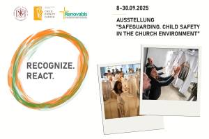 Werbeplakat für die Ausstellung "Safeguarding. Child Safety in the Church Environment" vom 8.-30.09.2025, organisiert von Academia Alfonsiana, Child Dignity Center und Renovabis, mit dem Motto "Recognize. React.