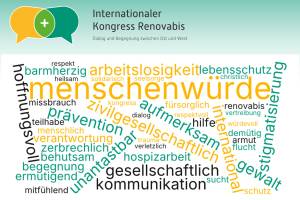 Das Bild zeigt eine Wortwolke auf weißem Hintergrund, die das Thema "Menschenwürde" und verwandte Begriffe visualisiert. Oben links befindet sich das Logo des Internationalen Kongresses von Renovabis.
