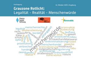 Ankündigungsgrafik zur Fachtagung „Grauzone Rotlicht: Legalität – Realität – Menschenwürde“ am 14. Oktober 2025 in Augsburg. Zentrale Schlagworte wie „Menschenwürde“, „Menschenhandel“, „Prostitution“ oder „Sexkauf“ sind als Wortwolke dargestellt.