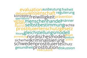 Das Bild zeigt eine Wortwolke (Word Cloud) auf weißem Hintergrund mit verschiedenen Begriffen zum Thema Prostitution und Prostituiertenschutzgesetz. Die Wörter sind in unterschiedlichen Größen dargestellt, die Farben variieren zwischen Orange/Gelb, Dunkelgrün und Schwarz.