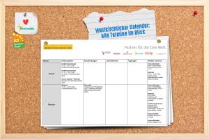 Korkpinnwand mit Weltkirchlichem Kalender 2026. Oben links Renovabis-Logo mit DZI-Siegel. Mittig ein Kalenderblatt mit Überschrift "Weltkirchlicher Kalender: alle Termine im Blick", darunter Logos aller sechs Hilfswerke. Das Blatt zeigt Aktionen und Termine für Januar und Februar 2026.