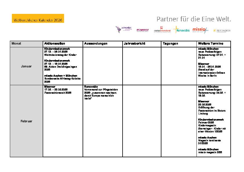 Jahreskalender Weltkirche 2026