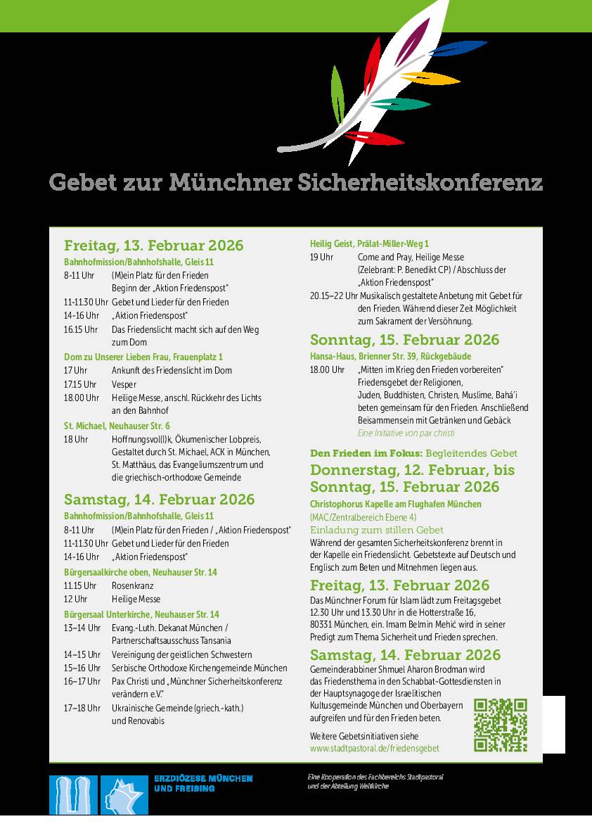 Plakat mit allen Gebetszeiten unter dem Leitwort "Frieden leben"