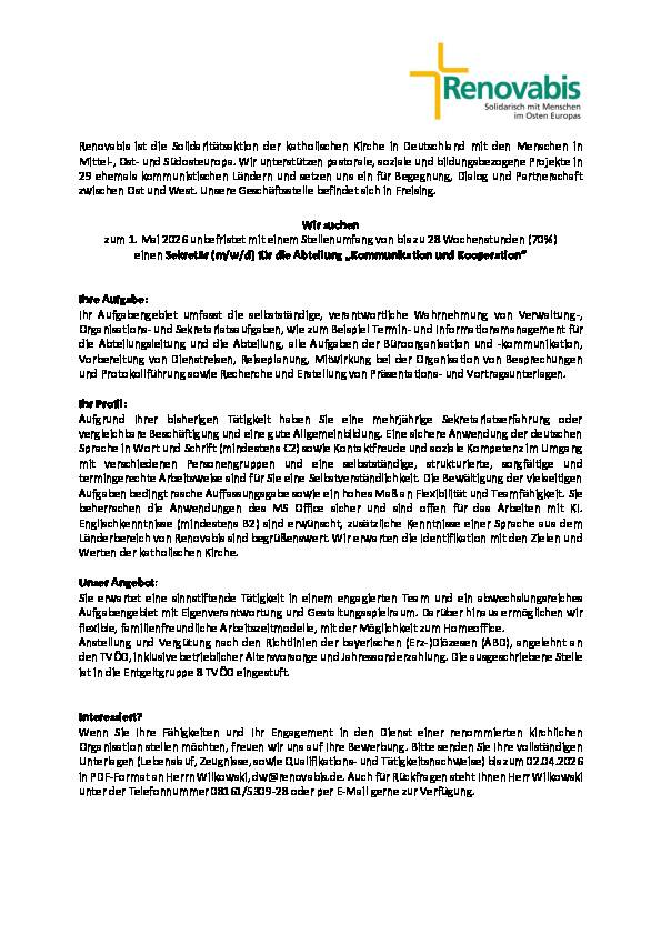 Ausschreibung Sekretär/Sekretärin (mwd) für die Abteilung Kommunikation und Kooperation