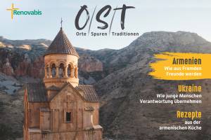 Das Bild zeigt das Cover des neuen Magazins OST - eine Kirche in Armenien, im Hintergrund Berge, davor der Titel OST sowie die Ankündigung des Inhalts: Reportagen aus Armenien und der Ukraine und ein Rezept.