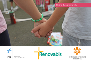 Das Bild zeigt einen Ausschnitt, auf dem sich zwei Kinder an den Händen halten. Am unteren Bildrand sieht man die Logos der Veranstalter (ZdK, Renovabis und Katholische Akademie in Bayern)