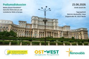 Das Bild zeigt den Parlamentspalast in der rumänischen Hauptstadt Bukarest, Titel, Zeit und Ort der Veranstaltung und die Logos der drei Veranstalter.