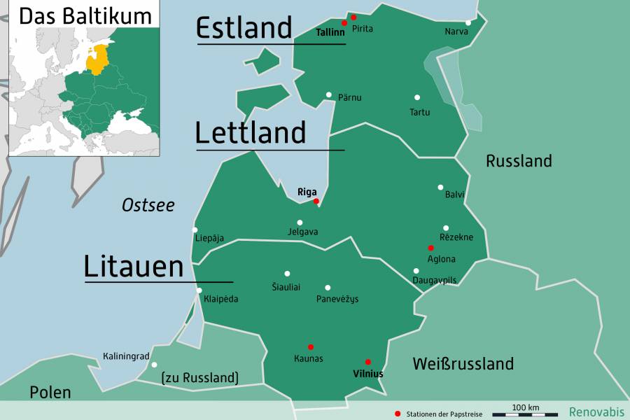 Lage der drei baltischen Länder Estland, Lettland und Litauen, mit den Stationen der Reise von Papst Franziskus im September 2018.